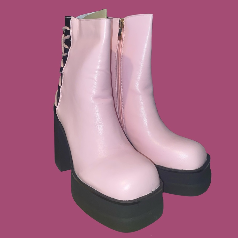 Black and pink chunky platform ankle boots